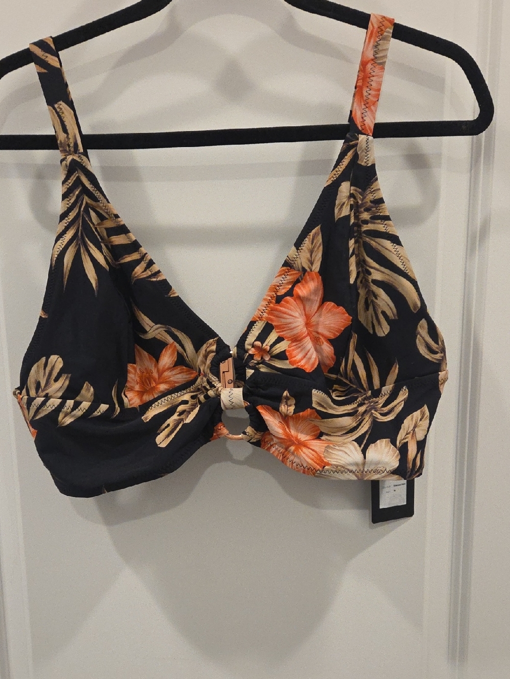 Tropical Floral Bikini Top in Black and Orange Size 18